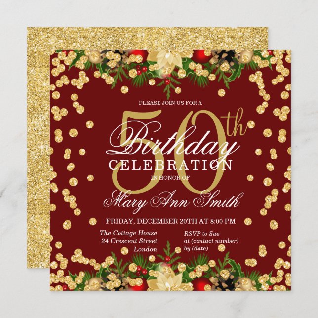 Gold & Burgundy Holiday Glitter Glam 50th Birthday Invitation (Front/Back)
