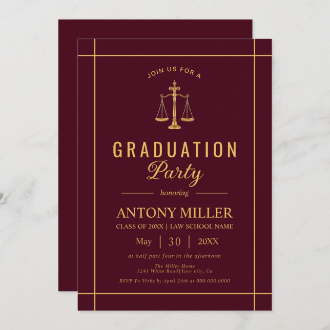 Gold burgundy Law school graduation Class Of 2026  Invitation (Front/Back)