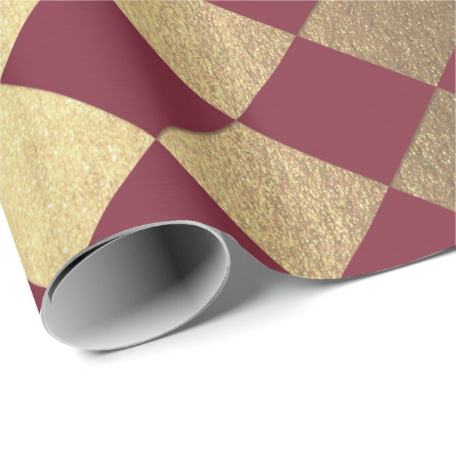 Gold Burgundy Maroon  Metallic Square Chessboard Wrapping Paper (Roll Corner)