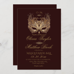 Gold Burgundy Masquerade Wedding  Invitation