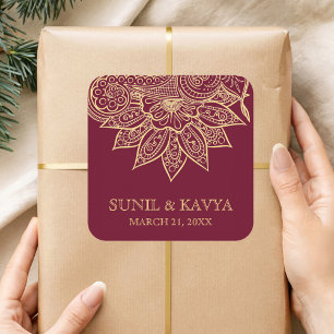 Gold Burgundy Mehendi Henna Indian Wedding Favour Square Sticker