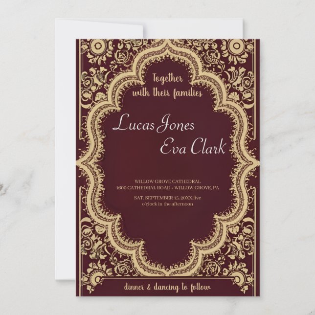 Gold Burgundy Mehendi Henna Indian Wedding Invitat Invitation (Front)