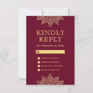 Gold Burgundy Mehendi Henna Indian Wedding RSVP Card