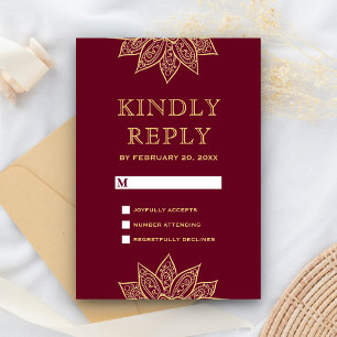 Gold Burgundy Mehendi Henna Indian Wedding RSVP Card
