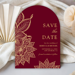 Gold Burgundy Mehendi Henna Indian Wedding Save The Date