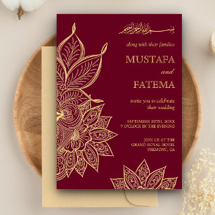 Gold Burgundy Mehendi Henna Islamic Wedding Invitation