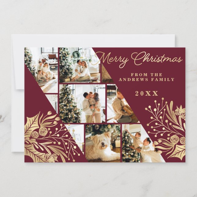 Gold Burgundy Merry Christmas Floral Photo Collage Holiday Card (Front)