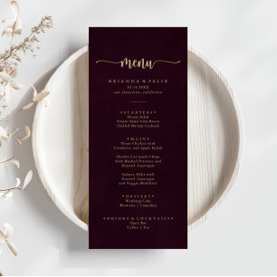 Gold Burgundy Minimalist Calligraphy Dinner Menu