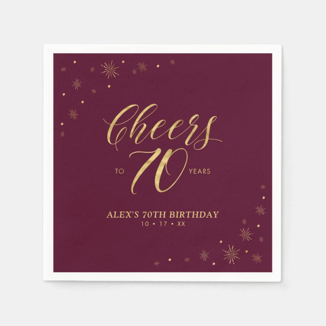 Gold & Burgundy Modern Cheers 70th Birthday Party Napkin (Front)