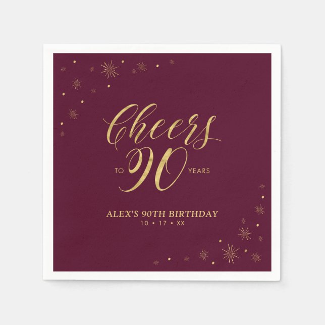Gold & Burgundy Modern Cheers 90th Birthday Party Napkin (Front)