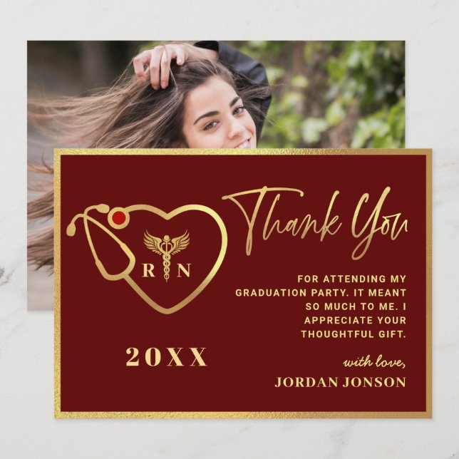 Gold Burgundy Modern Nursing School Graduation Thank You Card (Front/Back)