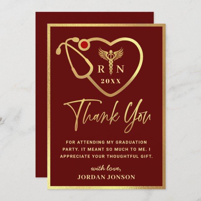 Gold Burgundy Modern Nursing School Graduation Thank You Card (Front/Back)