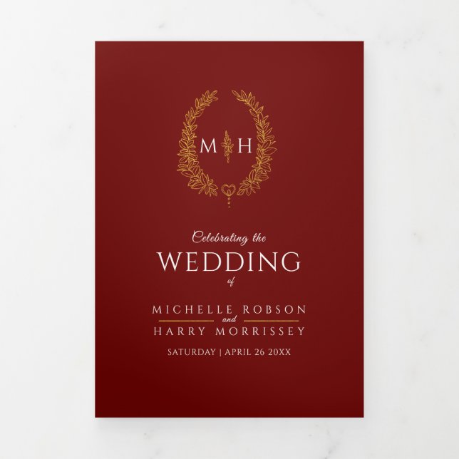 Gold burgundy monogram wreath dedication wedding Tri-Fold programme (Cover)