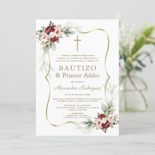 Gold Burgundy Peach Flowers 1st Birthday Baptism  Invitation