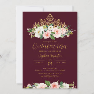 Gold Burgundy Pink Floral Tiara Quinceanera  Invitation
