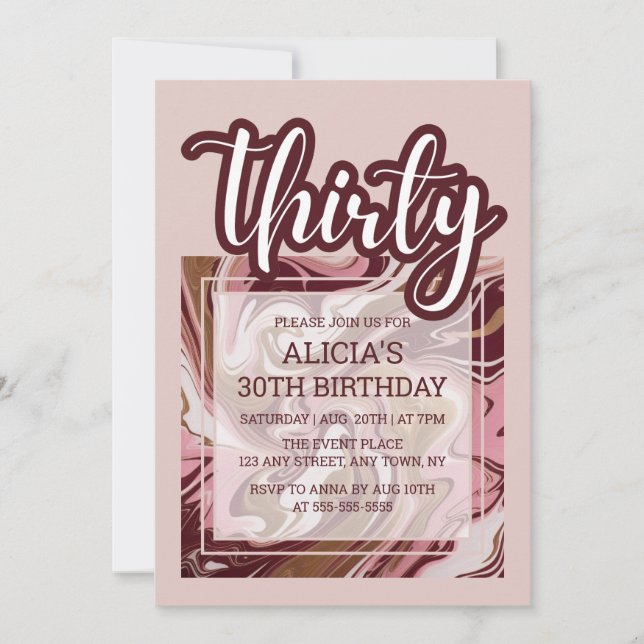 Gold Burgundy Pink Marble Fluid 30th Birthday Invitation (Front)