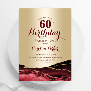 Gold Burgundy Red Agate 60th Birthday Invitation