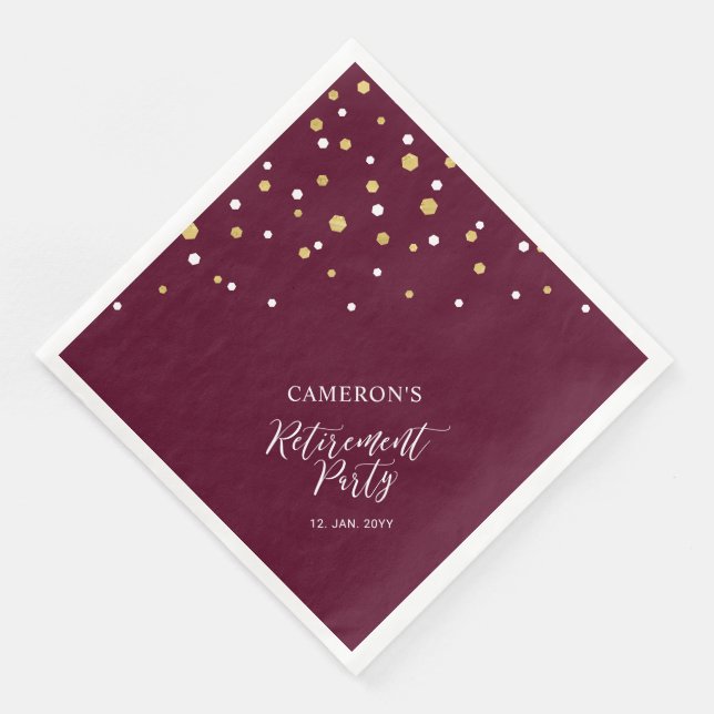 Gold & Burgundy Red Chic Confetti Retirement Party Napkin (Corner)