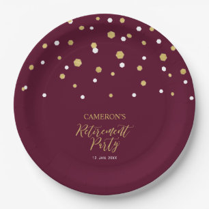 Gold & Burgundy Red Chic Confetti Retirement Party Paper Plate