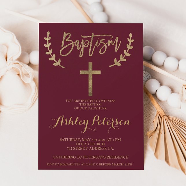Gold burgundy red elegant typography baptism invitation (Gold burgundy red elegant typography baptism invitation)