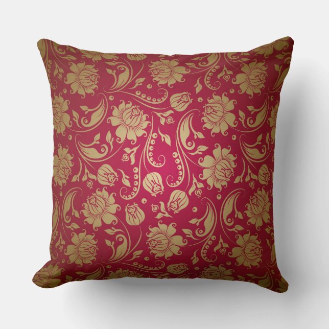 Gold & Burgundy Red Floral Damasks Pattern Cushion (Front)