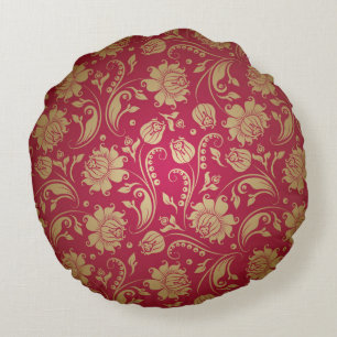 Gold & Burgundy Red Floral Damasks Pattern Round Cushion