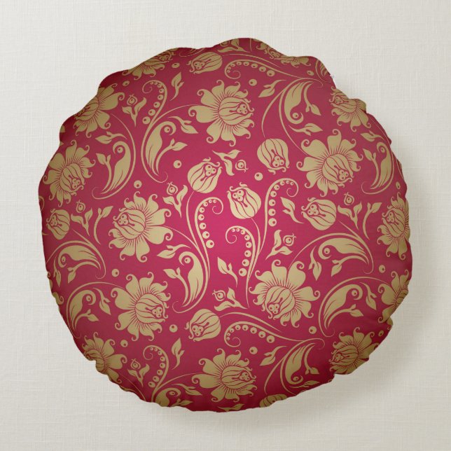 Gold & Burgundy Red Floral Damasks Pattern Round Cushion (Back)