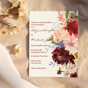 Gold burgundy red pink flower bouquet Wedding Invitation