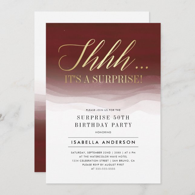 Gold & Burgundy Red Watercolor Surprise Birthday Invitation (Front/Back)
