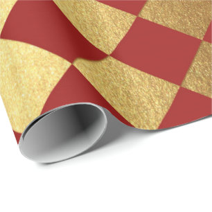 Gold Burgundy Red Wine Metallic Square Chessboard Wrapping Paper