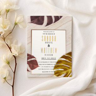 Gold burgundy rose gold marble tropical Wedding  Invitation