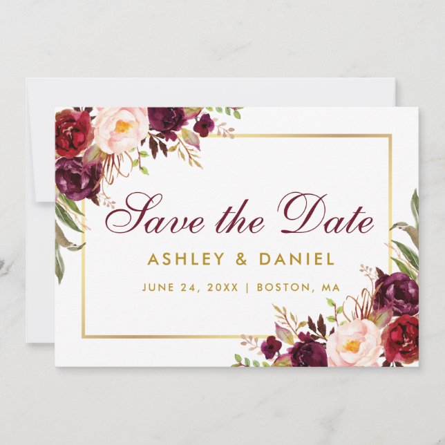 Gold Burgundy Save The Date Floral (Front)