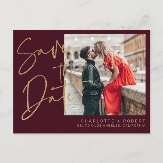 Gold burgundy script photo wedding save the date announcement postcard (Front)