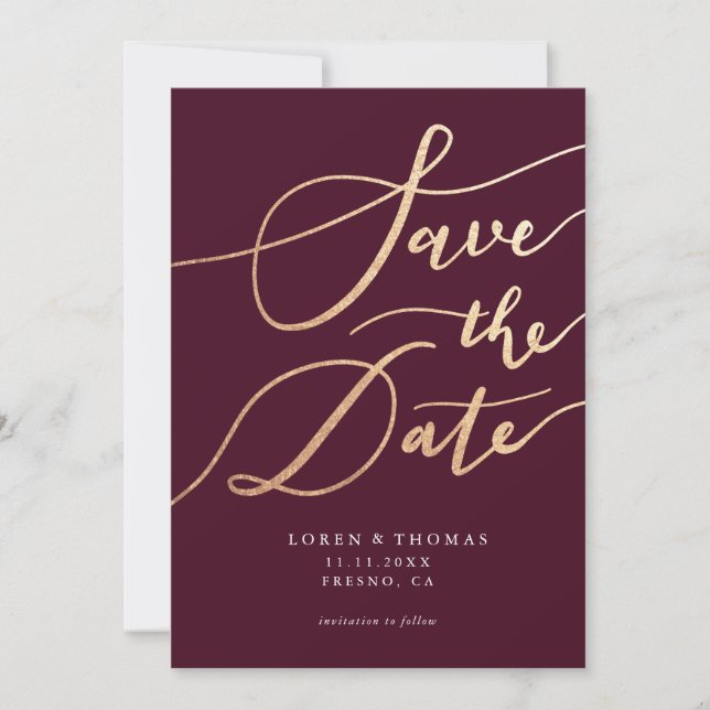 Gold Burgundy Script Typography Save The Date (Front)
