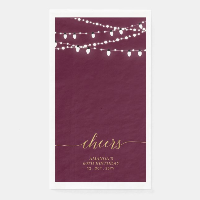 Gold Burgundy String Lights Lettering Cheers Napkin (Front)