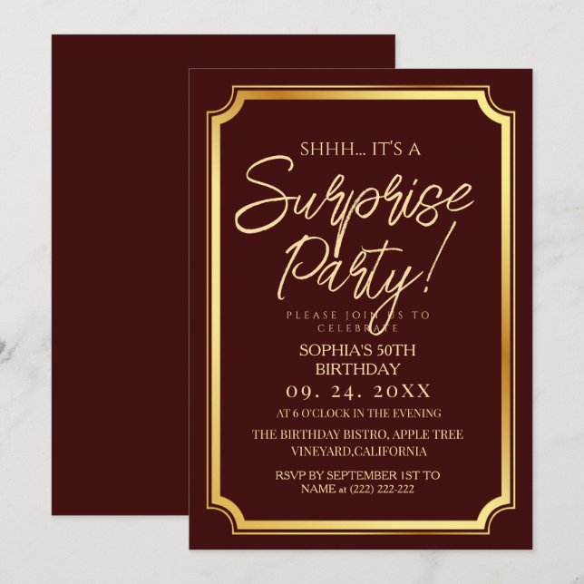 Gold & Burgundy Surprise 50th Birthday Party Invitation (Front/Back)