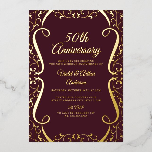 Gold Burgundy Swirl 50th Wedding Anniversary (Front)