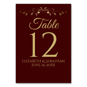 Gold & Burgundy Vintage Border Elegant Wedding Table Number