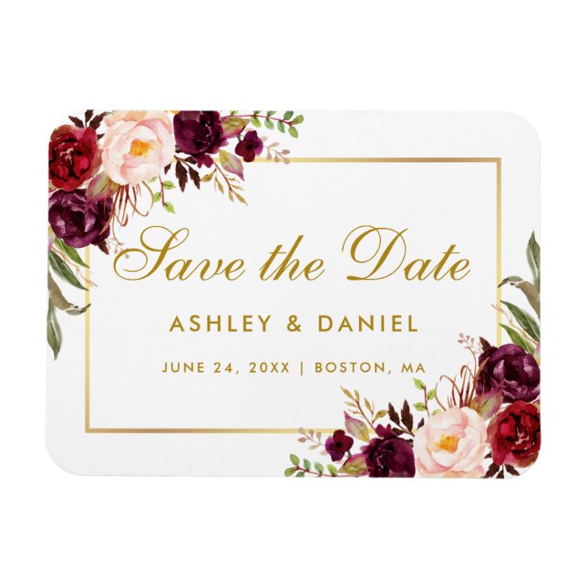 Gold Burgundy Watercolor Floral Save The Date Magnet (Horizontal)