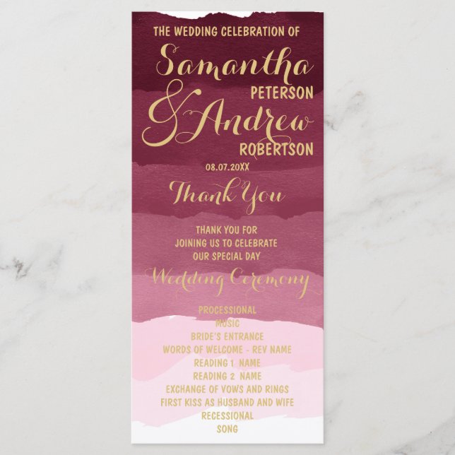 Gold burgundy watercolor ombre Wedding Program (Front)