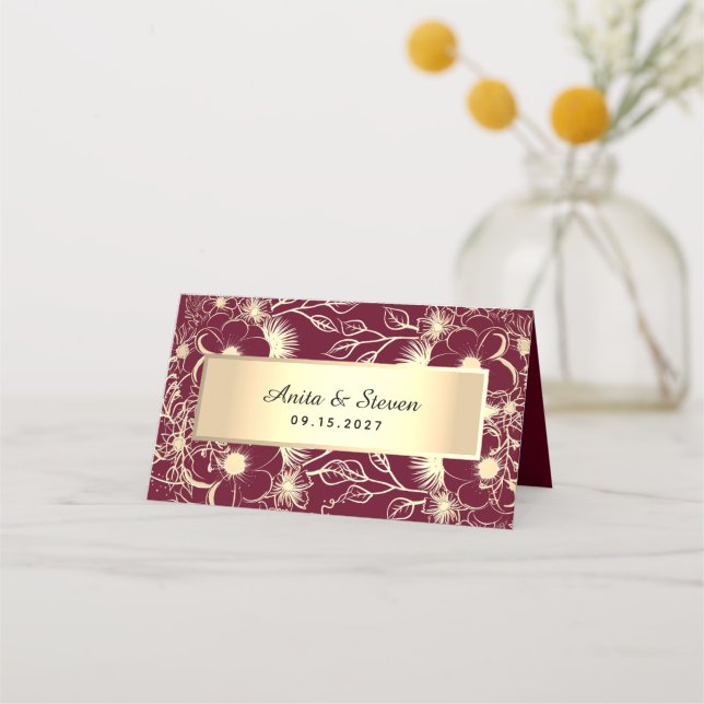 Gold Burgundy Wedding Place Card (Back)