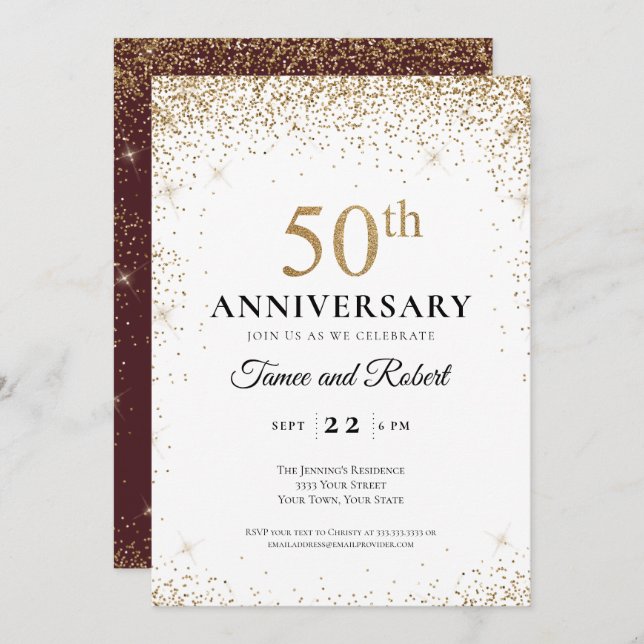 Gold Burgundy White 50th Wedding Anniversary  Invitation (Front/Back)