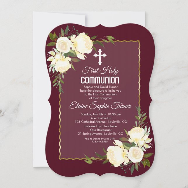 Gold Burgundy White Roses First Holy Communion Invitation (Front)