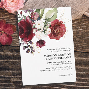 Gold Burgundy Wine Blush Floral Casual Wedding Invitation