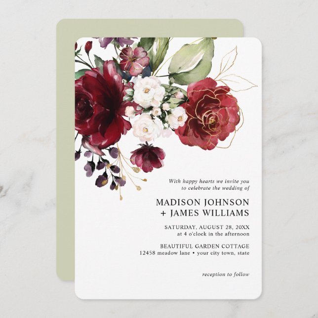 Gold Burgundy Wine Blush Floral Wedding w Details Invitation (Front/Back)