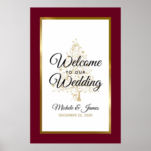 Gold Burgundy Winter Holiday Wedding Welcome Poster (Front)