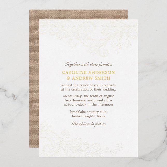 Gold Burlap and Lace Rustic Glam Wedding (Front/Back)