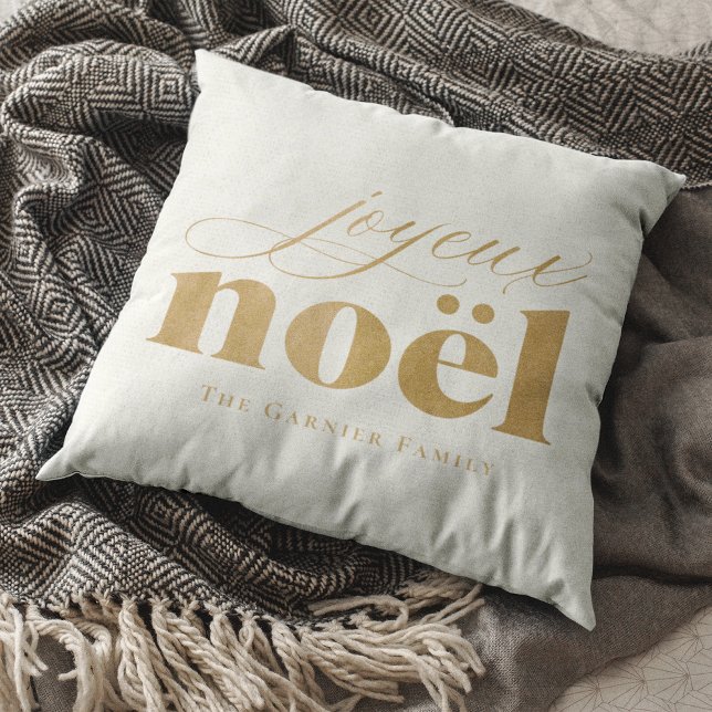 Gold burlap joyeux noël Custom Last Name Christmas Cushion (Faux gold burlap joyeux noël Custom Name Christmas Throw Pillow)