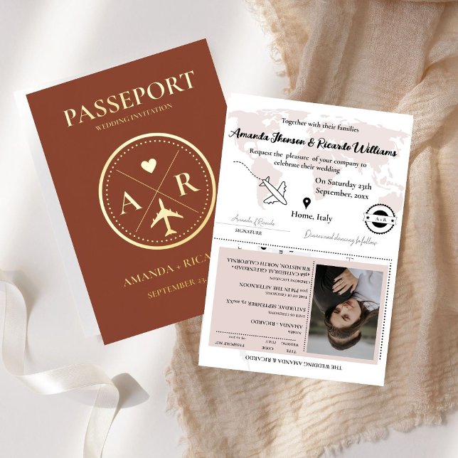 Gold & burnt orange Passport  Wedding Invitation (Creator Uploaded)