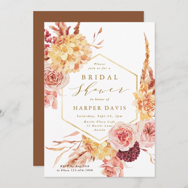 Gold Burnt Orange Terracotta Flowers Bridal Shower Invitation (Front/Back)